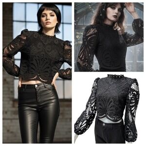 Black Lace Crochet Blouse Lantern Sleeve Whimsigoth Victorian Grunge Gothic Sz S
